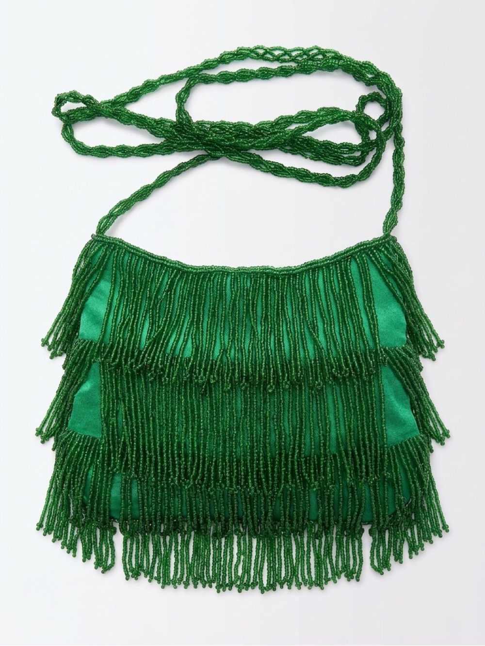 Vintage Green Beaded Fringe Shoulder Bag, beaded strap, zip close, 8x5, EUC